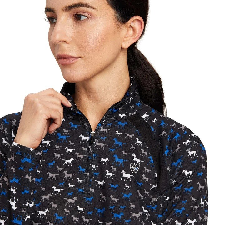 Ariat Womens Sunstopper 2.0 1/4 Zip Long Sleeve Baselayer - Black Busy Pony Print