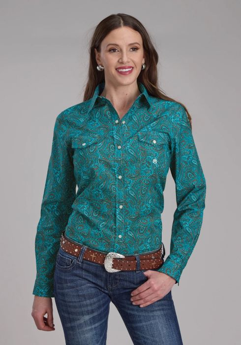 ROPER WOMENS AMARILLO COLLECTION LONG SLEEVE SHIRT - GREEN PAISLEY [SZ:XS]