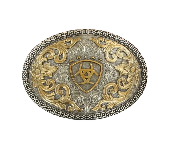 Ariat Belt Buckle - Oval Berry Edge Floral Filigree Aged Silver/aged Gold