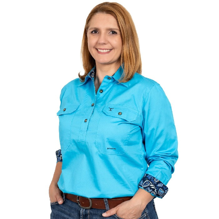 Just Country Jahna Trim Half Button Solid Workshirt - Sky/navy Paisley