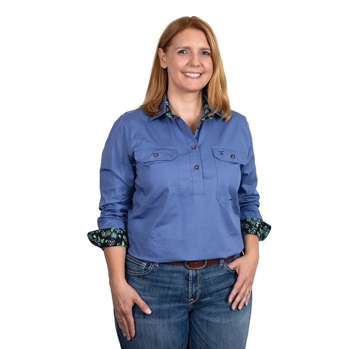 Just Country Jahna Trim Half Button Print Workshirt - Blue/navy Asters
