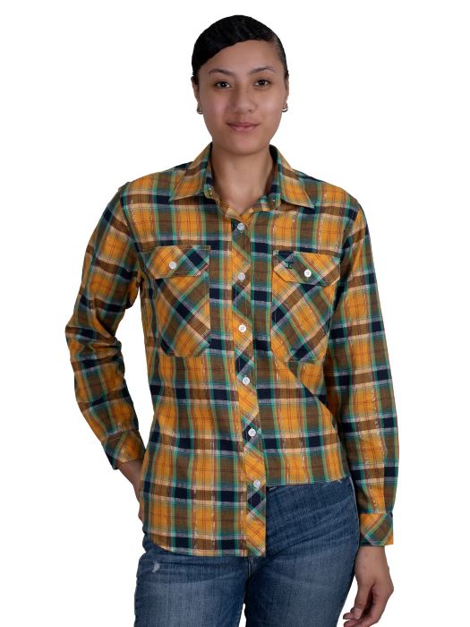 JUST COUNTRY ABBEY FULL BUTTON PRINT WORKSHIRT - MUSTARD/NAVY PLAID [SZ:10]