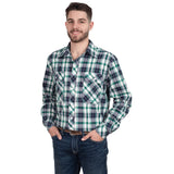JUST COUNTRY AUSTIN MENS FULL BUTTON CHECK PRINT WORKSHIRT - NAVY/IVY PLAID [SZ:MEDIUM]