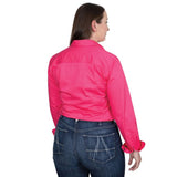 JUST COUNTRY JAHNA TRIM HALF BUTTON PRINT WORKSHIRT - HOT PINK/WHITE [SZ:12]