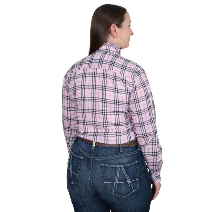 JUST COUNTRY ABBEY FRILLS FULL BUTTON PRINT WORKSHIRT - MUSK PINK LUREX PLAID [SZ:10]