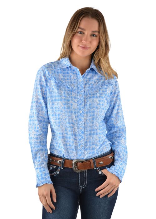 Pure Western Womens Kira Print Frill Long Sleeve Shirt