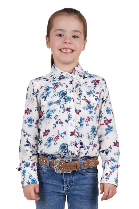 PURE WESTERN FLORA GIRLS LONG SLEEVE SHIRT - EGRET/MULTI [SZ:2]
