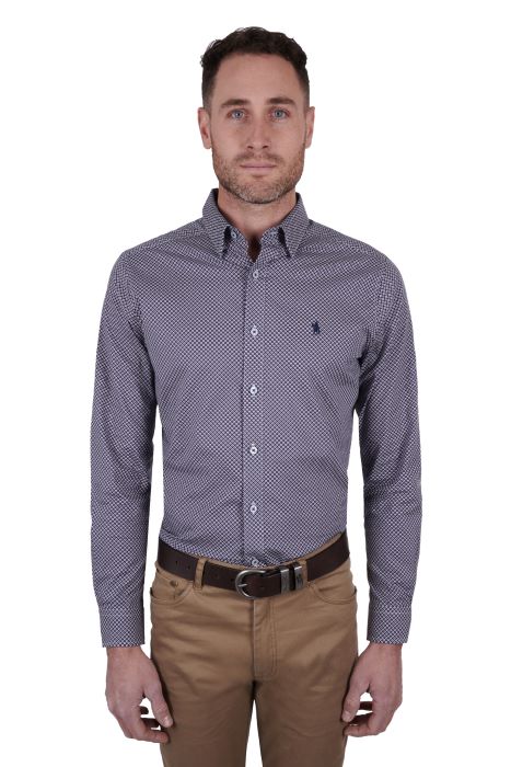 THOMAS COOK STEPHEN MENS TAILORED LONG SLEEVE SHIRT - NAVY/TAN [SZ:M]