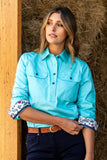 THOMAS COOK WOMENS LIGHT DRILL HALF PLACKET LONG SLEEVE SHIRT - AQUA [SZ:8]