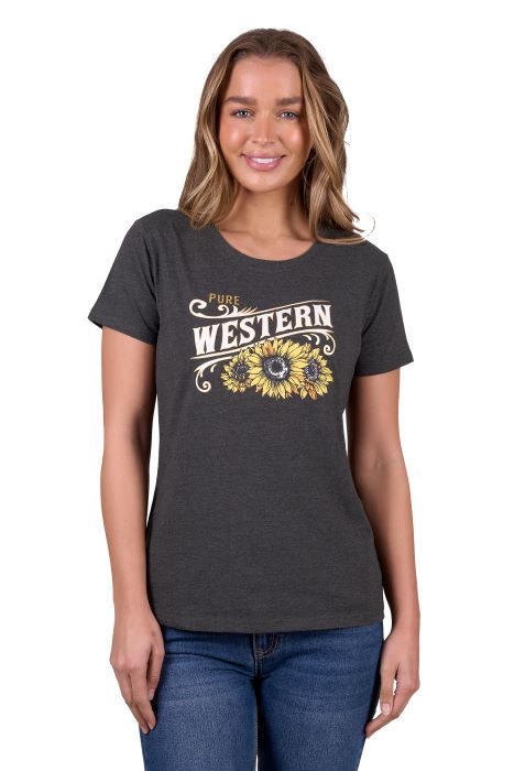 PURE WESTERN WOMENS KENDRA SS TEE - CHARCOAL HEATHER [SZ:8]