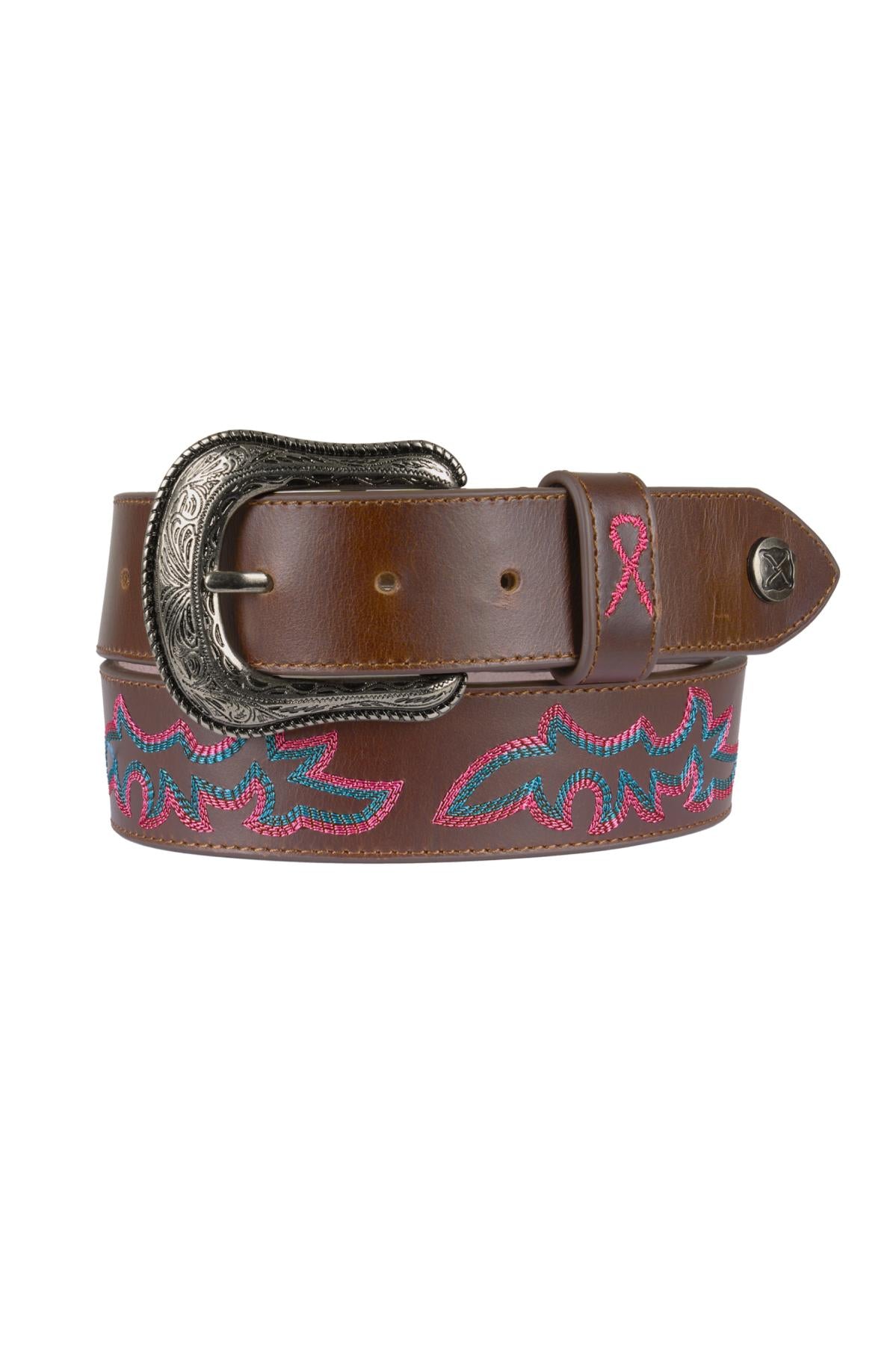 TWISTED X PINK RIBBON BELT - CHOCOLATE TRUFFLE/PINK/BLUE [SZ:28]