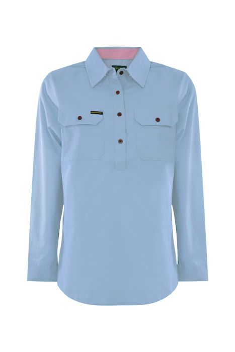 Hardslog Half Placket Womens Light Cotton Long Sleeve Shirt - Pale Blue [sz:10]