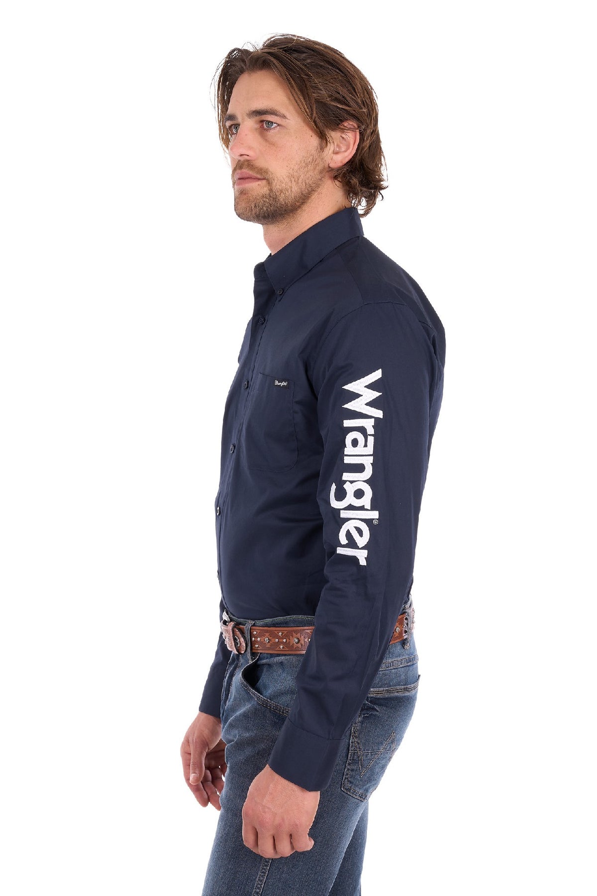Wrangler Mens Flex Logo 1pkt Long Sleeve Shirt - Navy [sz:l]